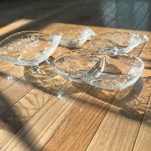 Beautiful, 4 piece, glass appetizer/ dish set. Engraved with flowers
